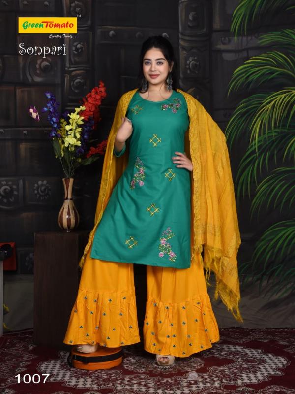 Green Tomato Sonpari Festive Wear Kurti Sharara And Dupatta 